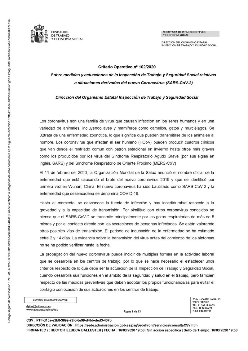 Criterio Operativo nº102/2020 de la ITSS