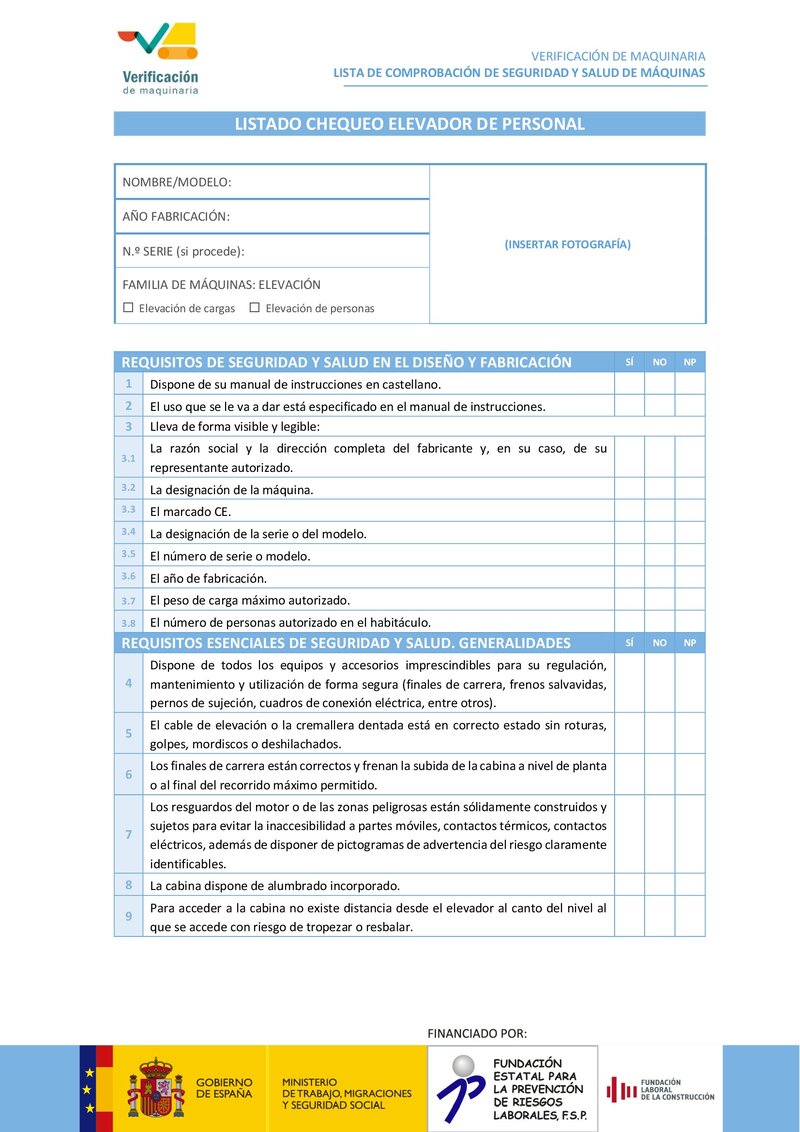Lista de chequeo: elevador de personal.