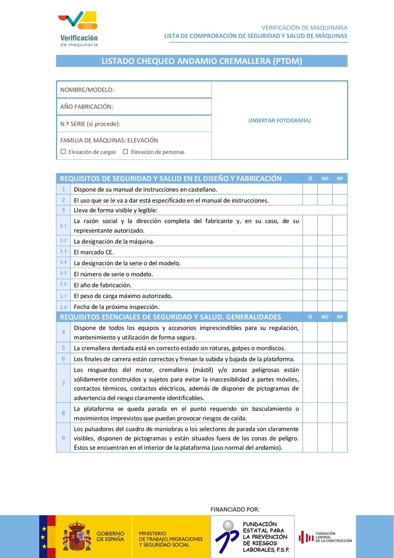 Lista de chequeo: andamio cremallera (PDTM).