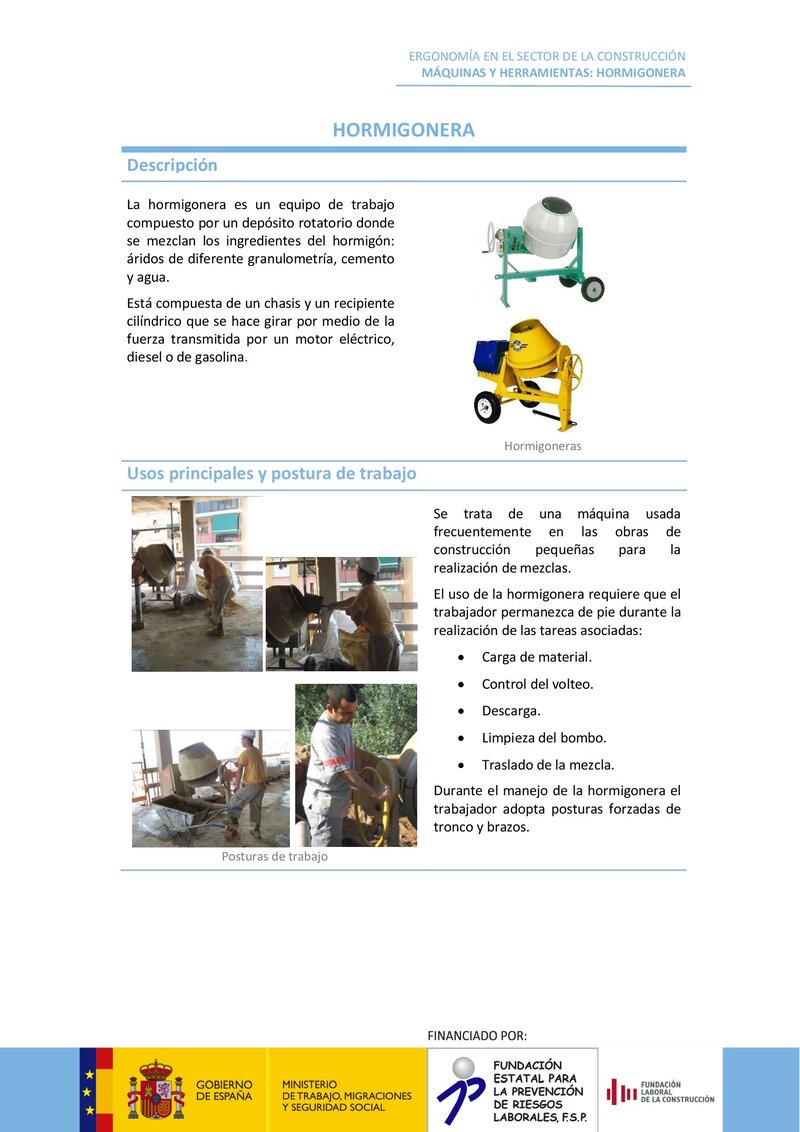 Hormigonera. Riesgos ergonómicos y recomendaciones.