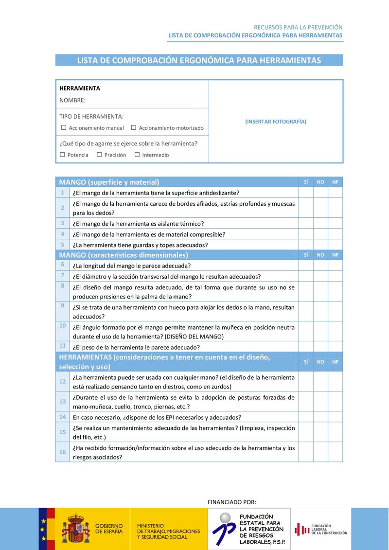 Lista de verificación de riesgos ergonómicos de herramientas manuales.