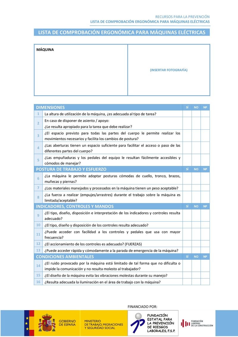 Lista de verificación de riesgos ergonómicos de máquinas eléctricas.