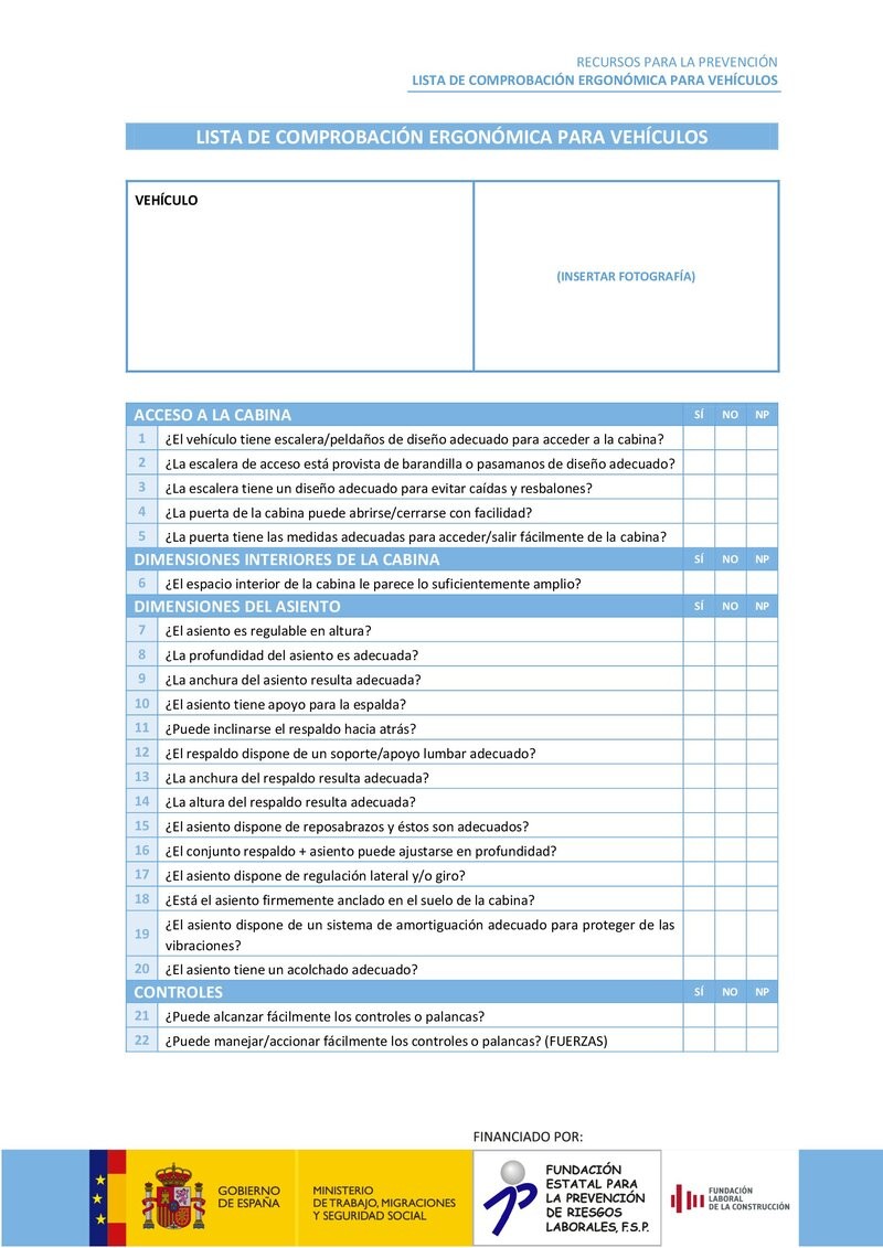 Lista de verificación de riesgos ergonómicos de vehículos.