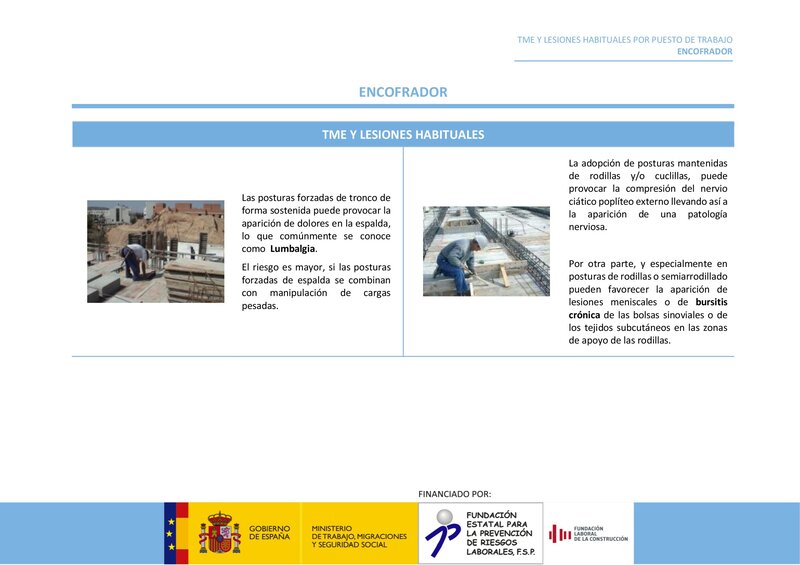 Lesiones habituales por riesgos ergonómicos. Encofrador