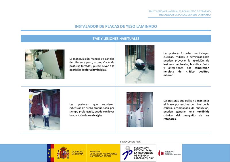 Lesiones habituales por riesgos ergonómicos. Instalador de pladur.