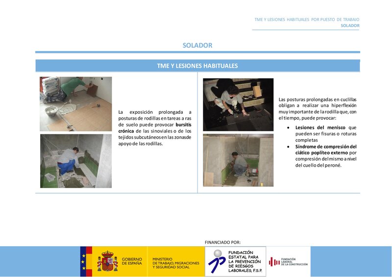 Lesiones habituales por riesgos ergonómicos. Solador.