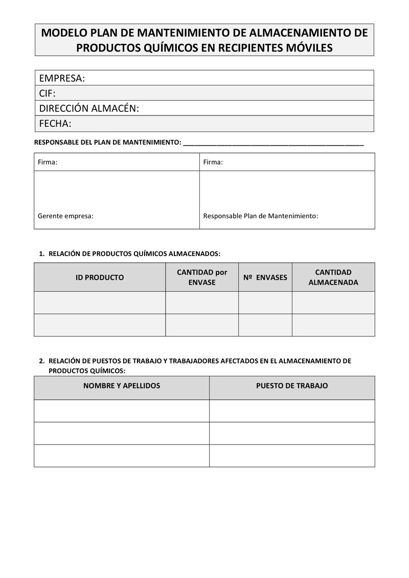 Manual productos químicos. Anexo III. Plan de mantenimiento