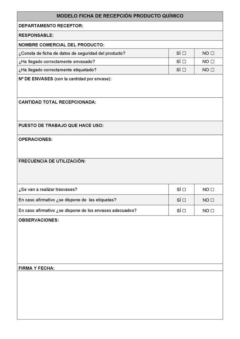 Manual productos químicos. Anexo V. Recepción producto.