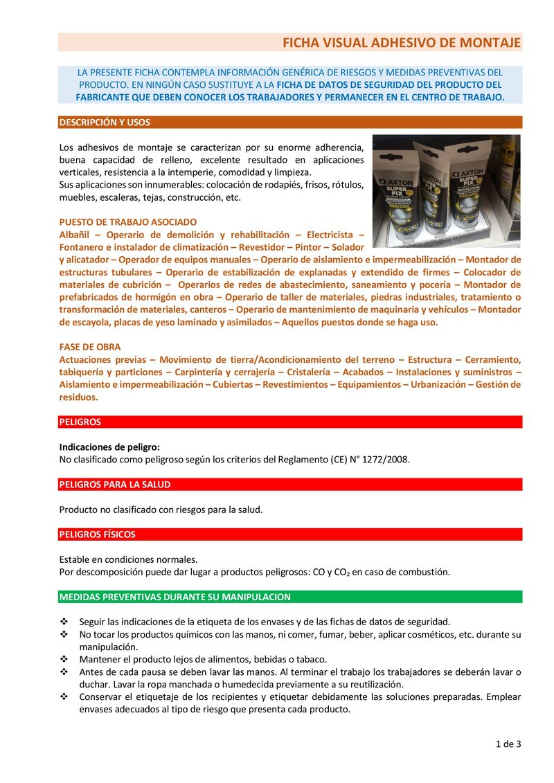 Adhesivo de montaje y anclaje. Información básica.