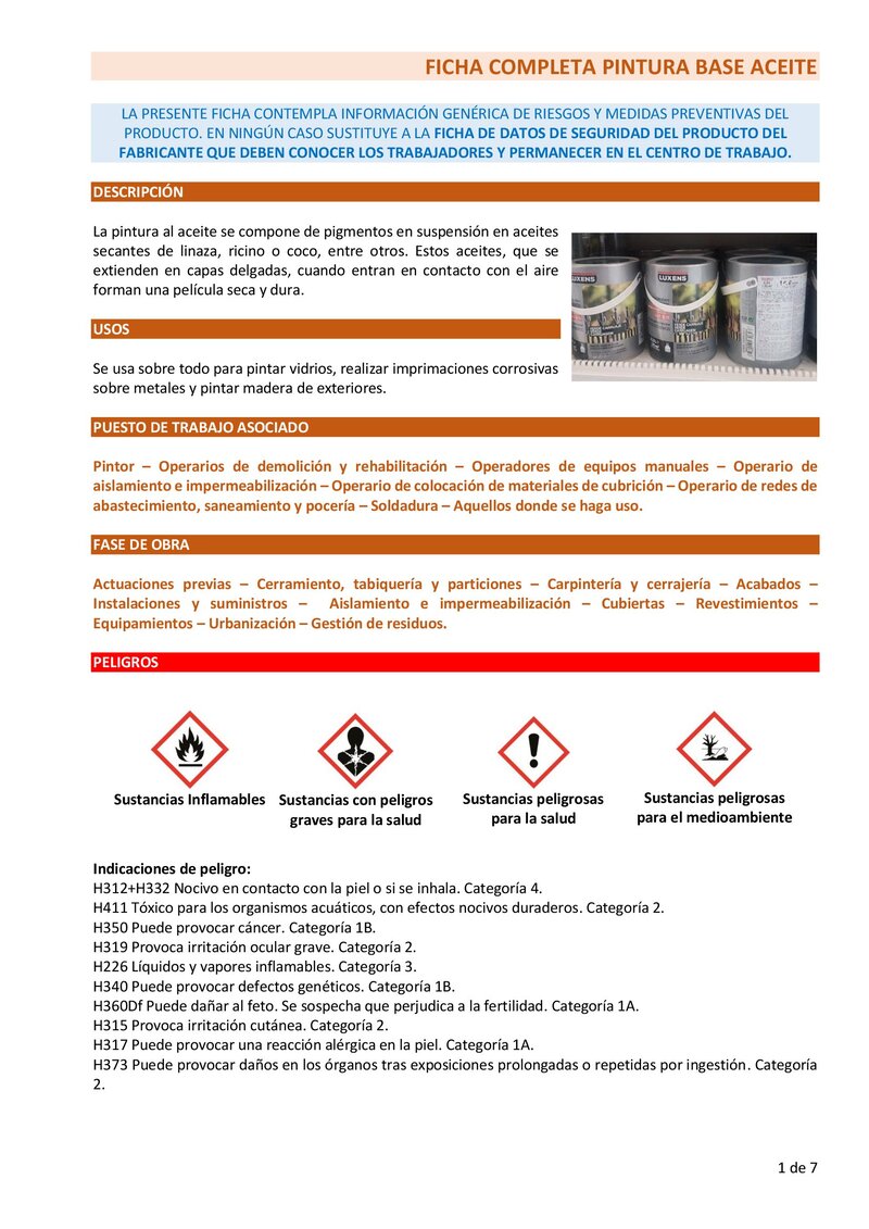 Pintura base aceite. Ficha completa.