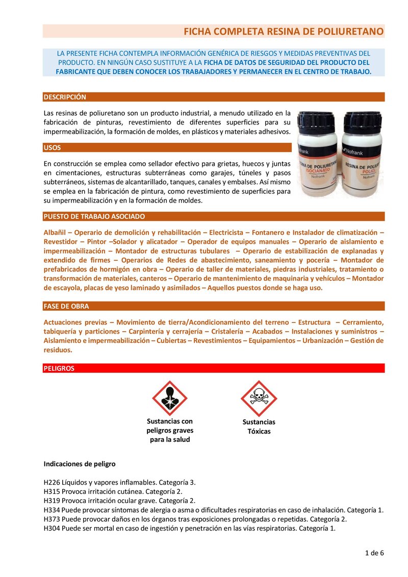 Resina poliuretano. Ficha completa.