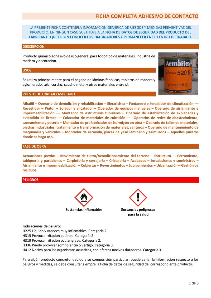 Adhesivo de contacto. Ficha completa.