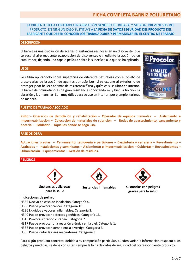 Barniz poliuretano Ficha completa.