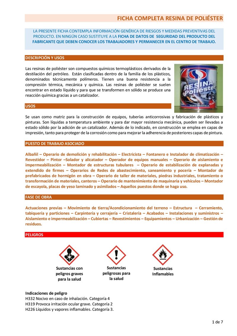 Resina de poliester. Ficha completa.