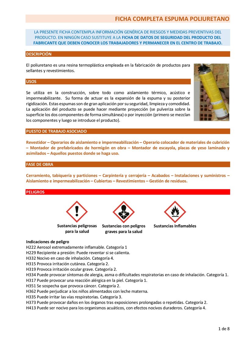 Espuma poliuretano. Ficha completa.