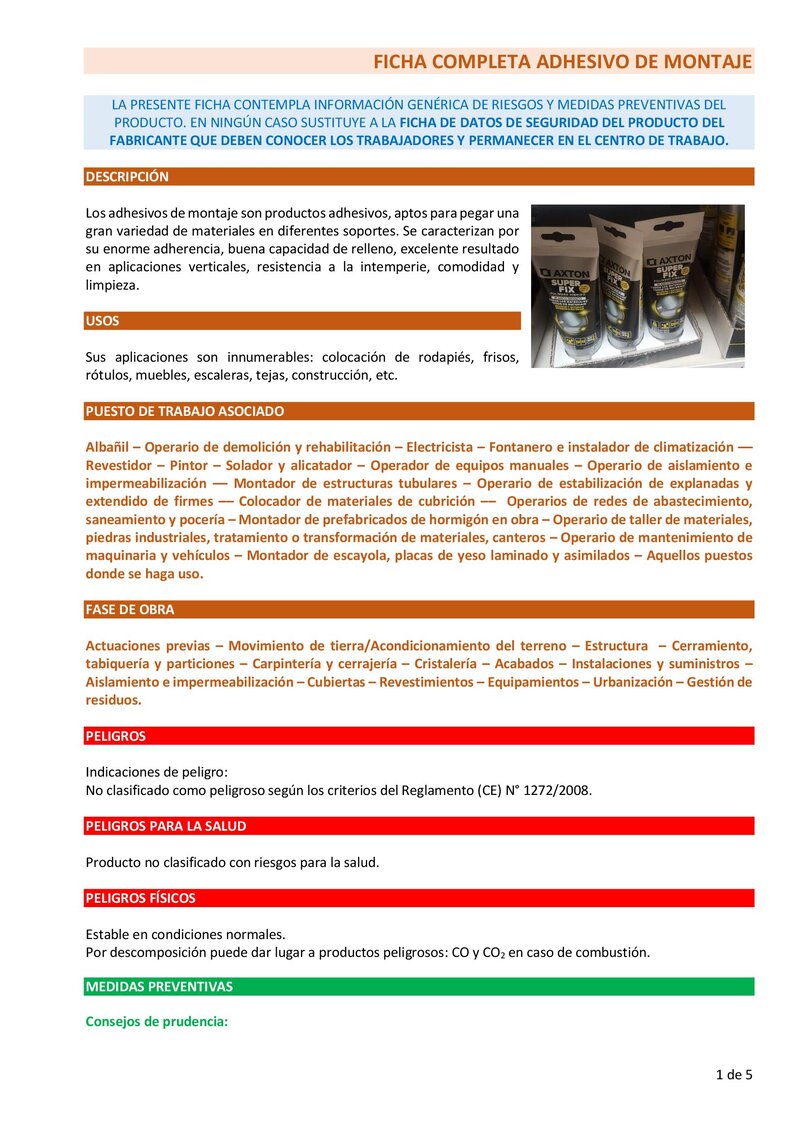 Adhesivo de montaje y anclaje. Ficha completa.