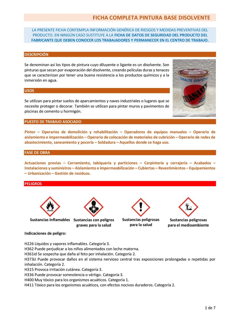 Pintura base disolvente. Ficha completa.