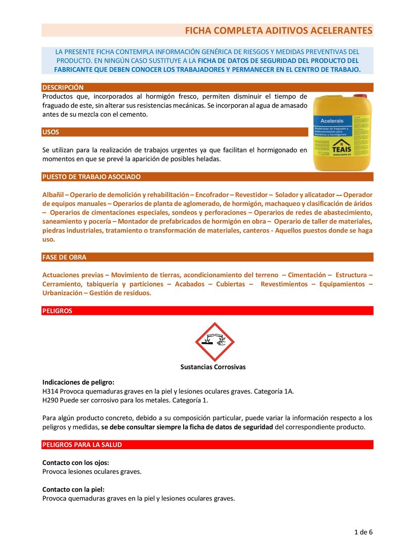 Aditivo acelerante fraguado. Ficha completa.