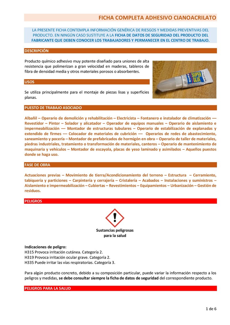 Adhesivo cianoacrilato. Ficha completa.