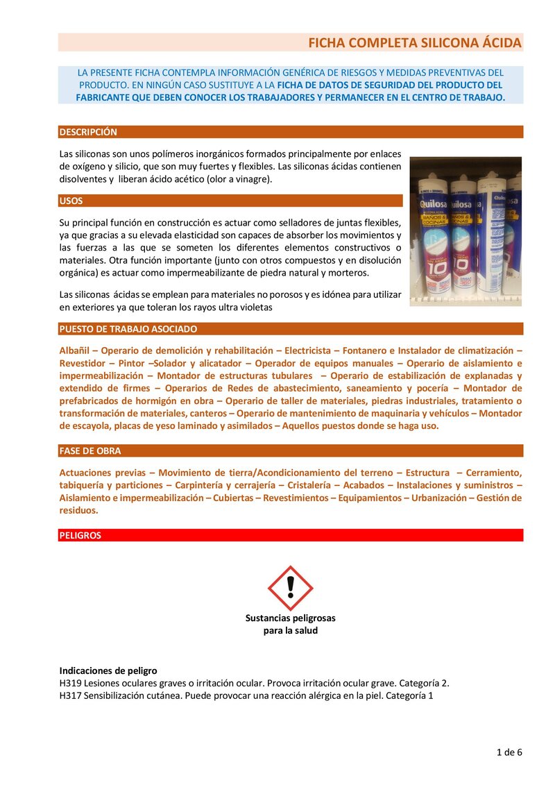 Silicona ácida. Ficha completa.