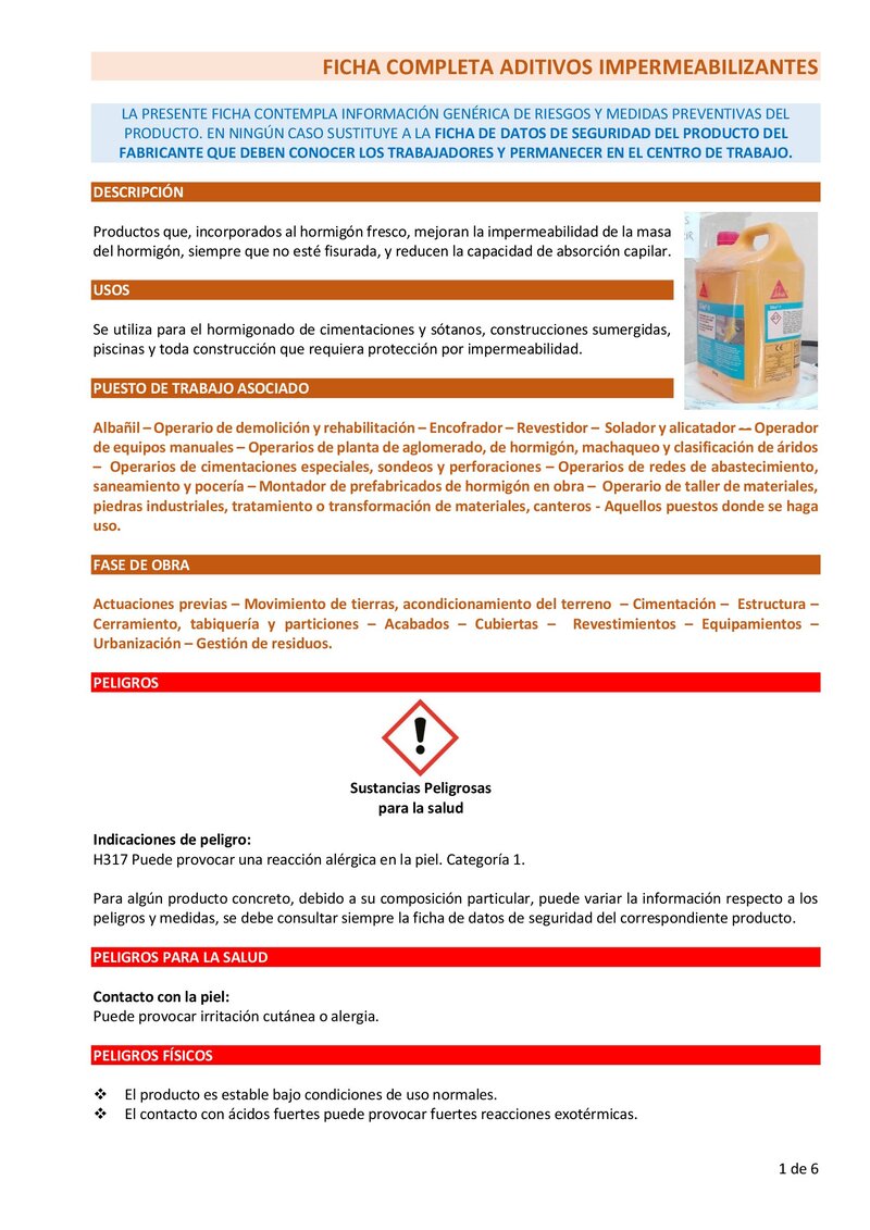 Aditivo impermeabilizante. Ficha completa.