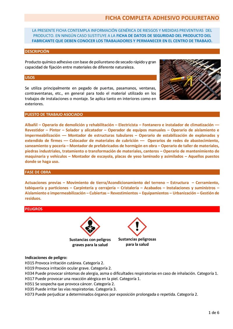 Adhesivo poliuretano. Ficha completa.