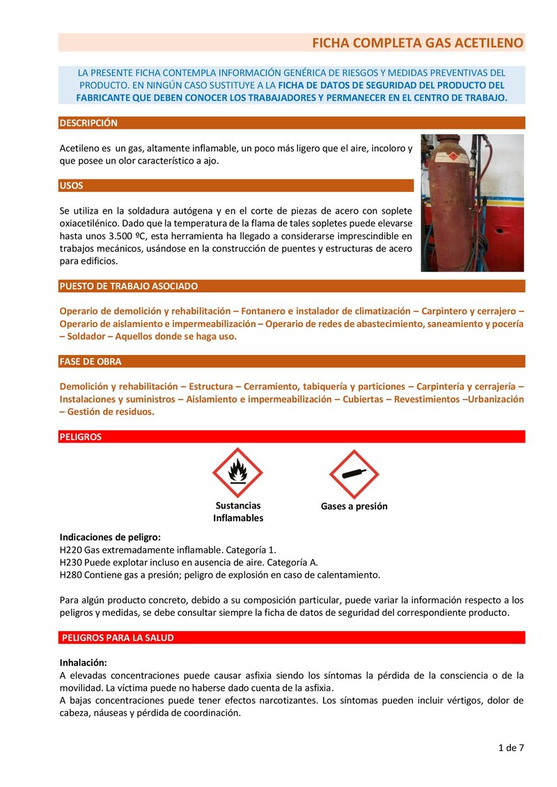 Gas acetileno. Ficha completa.