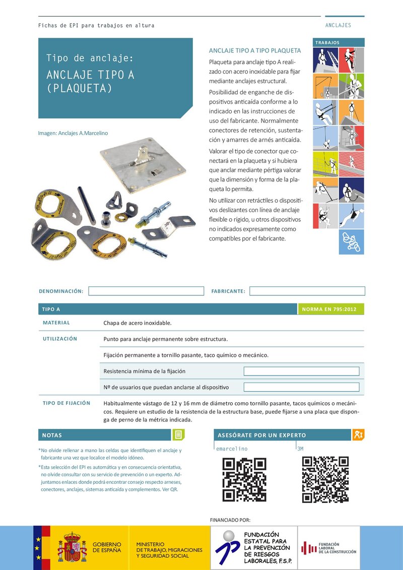 Sistemas de protección anticaída. Anclaje tipo A Pletina.