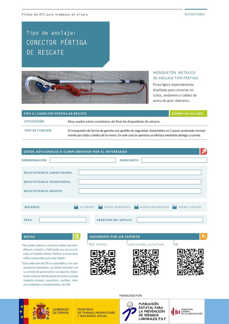 Sistemas anticaída. Conector clase A Pértiga de rescate.