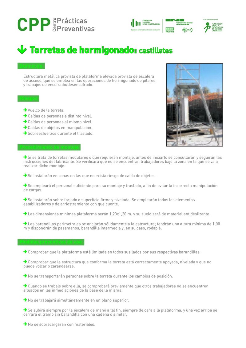 Requisitos de seguridad de torretas de hormigonado: castilletes.