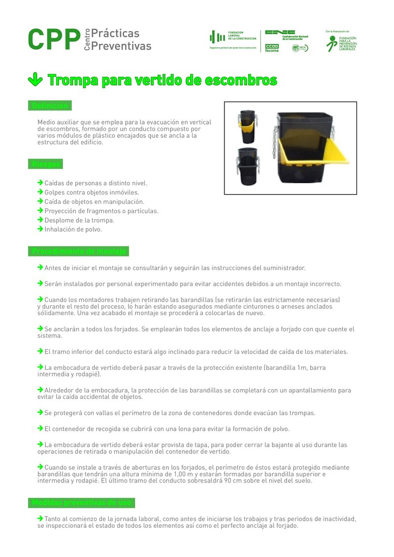 Requisitos de seguridad de la trompa para vertido de escombros.