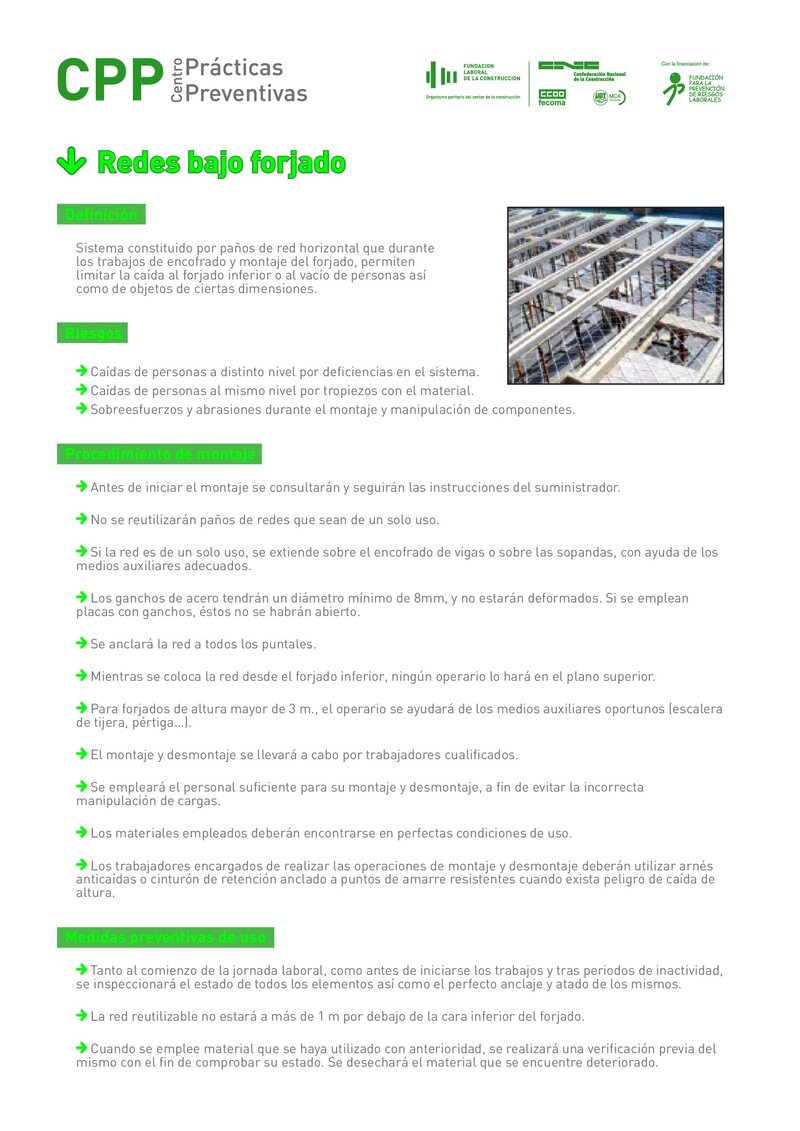 Requisitos de seguridad de las redes bajo forjado.