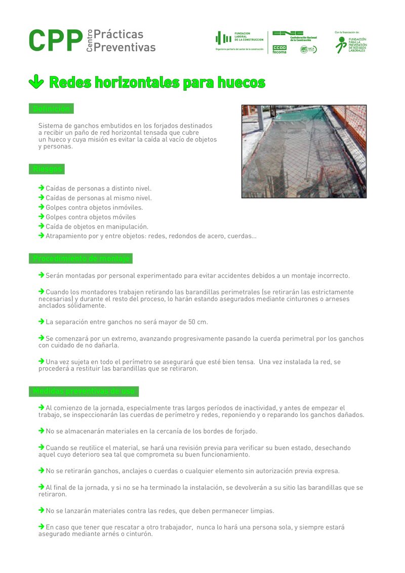Requisitos de seguridad de las redes horizontales para huecos.